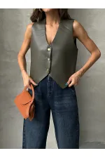 Gilet boutonné en cuir - Kaki | TOPSHOW | F1515