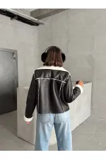 Manteau zippé en cuir laminé - Noir crème | TOPSHOW | F1511