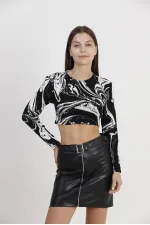 Crop Jacquard Wholesale Blouse - Black Marbling | TOPSHOW | F1271