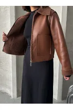 Manteau zippé en cuir laminé - Tan | TOPSHOW | F1511