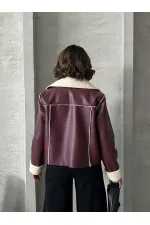 Zippered Wholesale Leather Jacket - Claret Red Cream | TOPSHOW | F1511