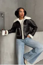 Manteau zippé en cuir laminé - Noir crème | TOPSHOW | F1511