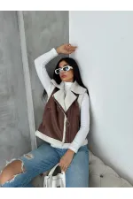 Gilet en fourrure avec col en daim - Crème beige | TOPSHOW | F1532
