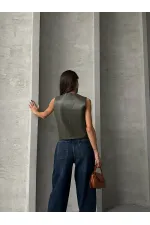 Gilet boutonné en cuir - Kaki | TOPSHOW | F1515