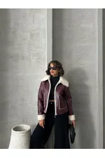 Zippered Wholesale Leather Jacket - Claret Red Cream | TOPSHOW | F1511