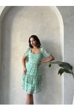 Topshow Çağla Kayık Yaka Çiçekli Toptan Etek Fırfırlı Kısa Kol Toptan Elbise