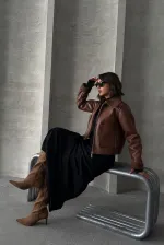 Manteau zippé en cuir laminé - Tan | TOPSHOW | F1511