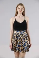 Pleated Satin Above Knee Wholesale Skirt - Leopard Saxe | TOPSHOW | F1189
