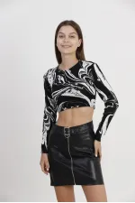 Crop Jacquard Wholesale Blouse - Black Marbling | TOPSHOW | F1271