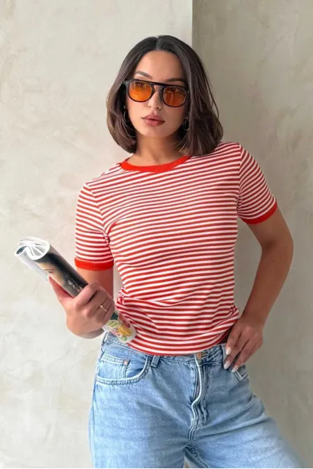 Topshow Oranj Oranj Çizgili Toptan T-Shirt Topshow Oranj Oranj Çizgili Toptan T-Shirt