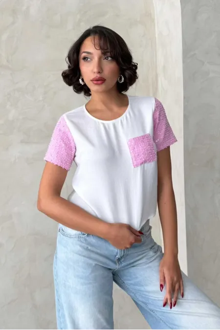 Kot Detaylı Toptan T-Shirt - Krem Pembe | Topshow Kot Detaylı Toptan T-Shirt - Krem Pembe | Topshow