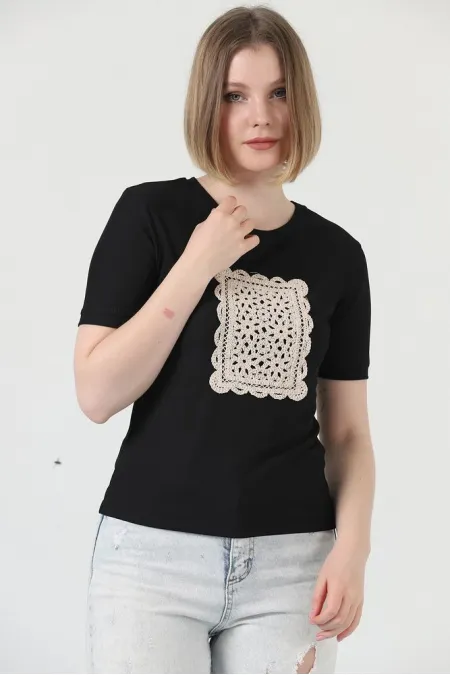 Topshow Siyah Önü Dantelli Toptan T-Shirt Topshow Siyah Önü Dantelli Toptan T-Shirt