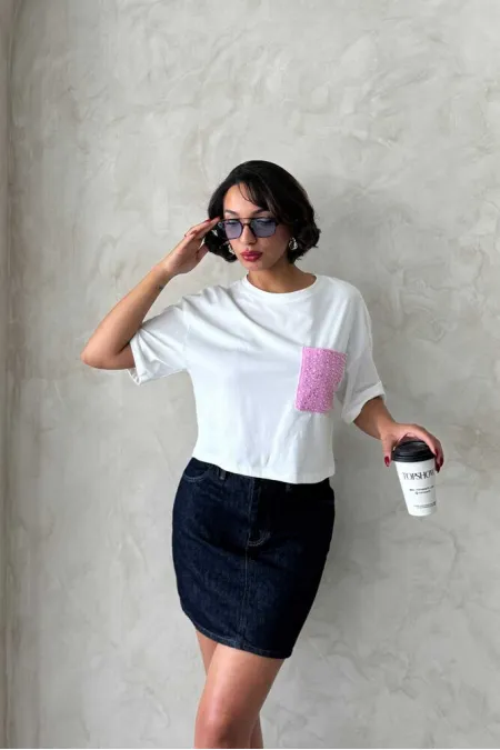 Cep Detaylı Toptan T-Shirt - Pembe | Topshow Cep Detaylı Toptan T-Shirt - Pembe | Topshow