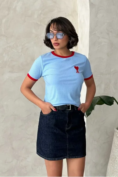 Topshow Mavi Kırmızı Nakışlı Toptan T Shirt Topshow Mavi Kırmızı Nakışlı Toptan T Shirt