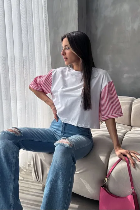 Topshow Beyaz Fuşya Çizgili Poplin Kollu Toptan T-Shirt Topshow Beyaz Fuşya Çizgili Poplin Kollu Toptan T-Shirt