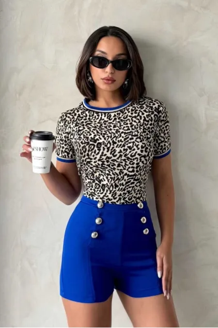 Bisiklet Yaka T-Shirt Leopar Saks | Topshow Bisiklet Yaka T-Shirt Leopar Saks | Topshow