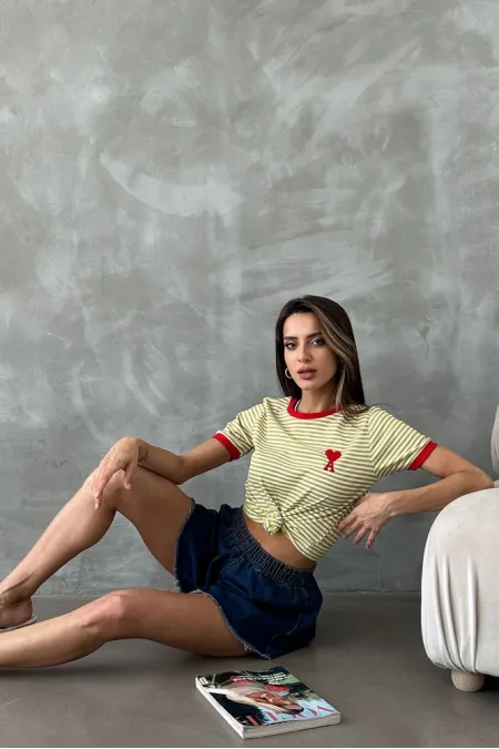 Topshow Fıstık Kırmızı Nakışlı Çizgili Toptan Tişört Topshow Fıstık Kırmızı Nakışlı Çizgili Toptan Tişört