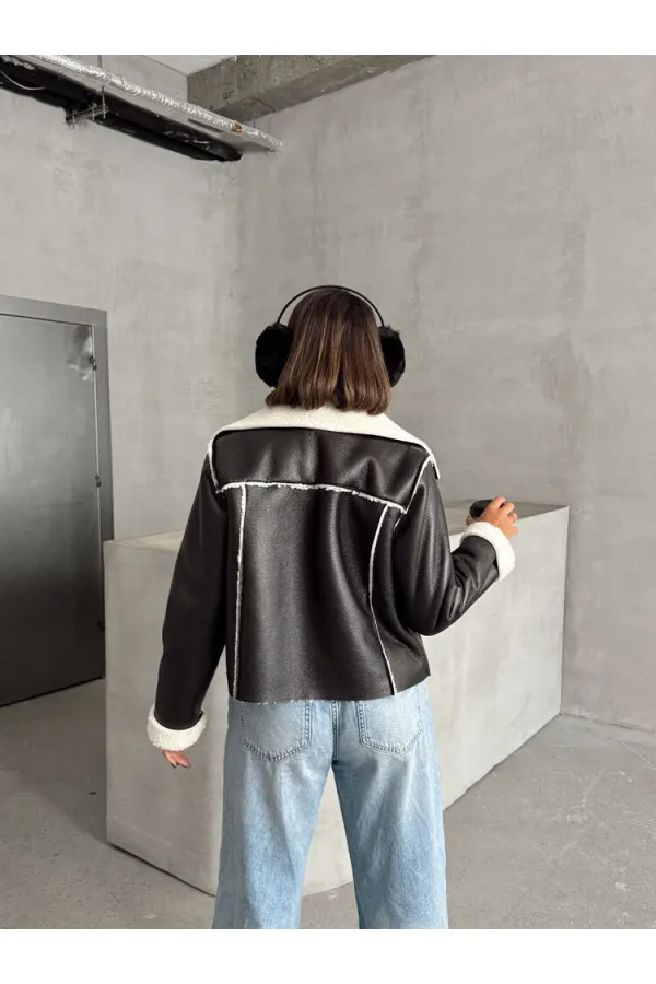 Manteau zippé en cuir laminé - Noir crème | TOPSHOW | F1511