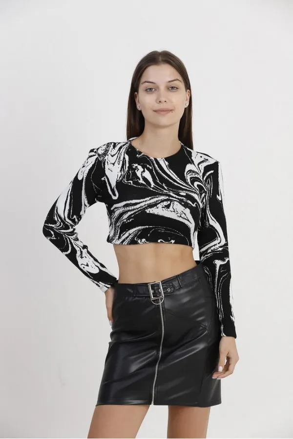 Crop Jacquard Wholesale Blouse - Black Marbling | TOPSHOW | F1271
