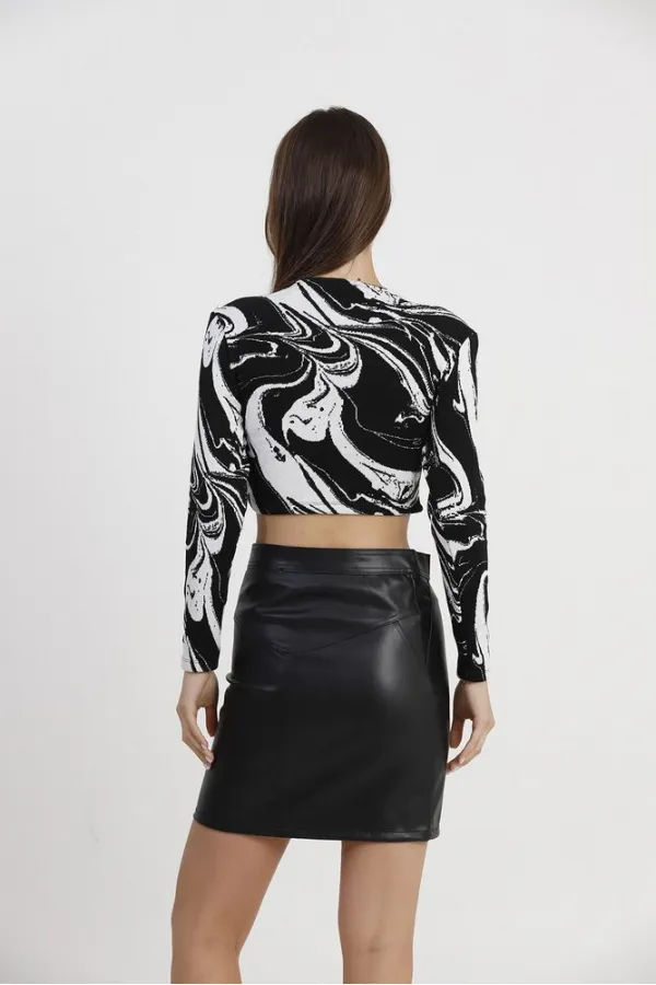 Crop Jacquard Wholesale Blouse - Black Marbling | TOPSHOW | F1271