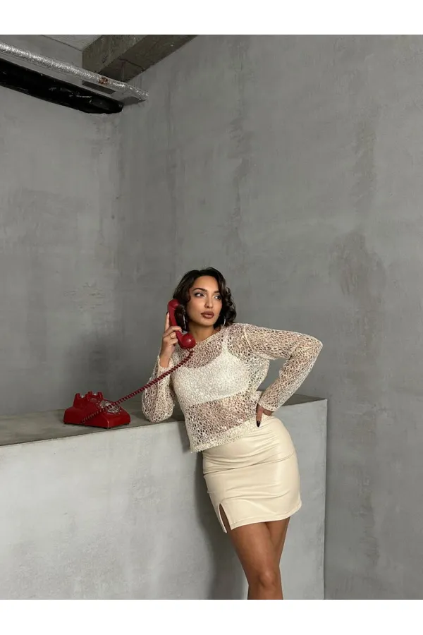 Above Knee Leather Wholesale Skirt - Stone | TOPSHOW | F1114