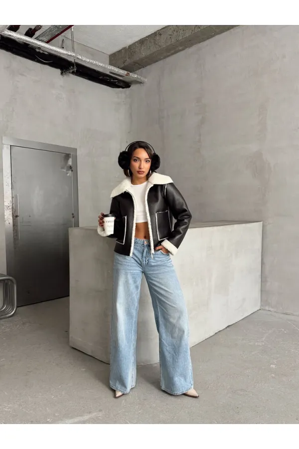Manteau zippé en cuir laminé - Noir crème | TOPSHOW | F1511