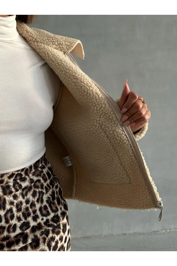 Manteau zippé en cuir laminé - Pierre claire | TOPSHOW | F1511