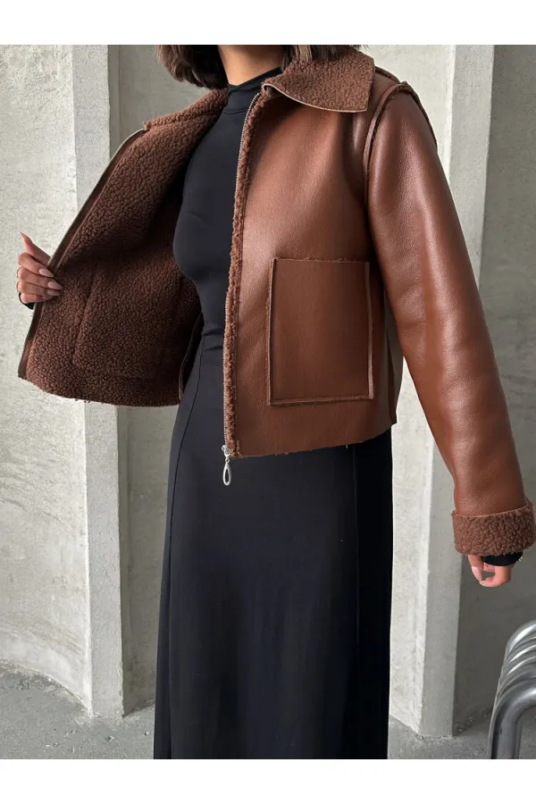 Manteau zippé en cuir laminé - Tan | TOPSHOW | F1511
