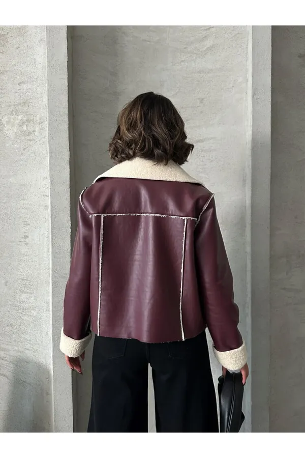 Zippered Wholesale Leather Jacket - Claret Red Cream | TOPSHOW | F1511