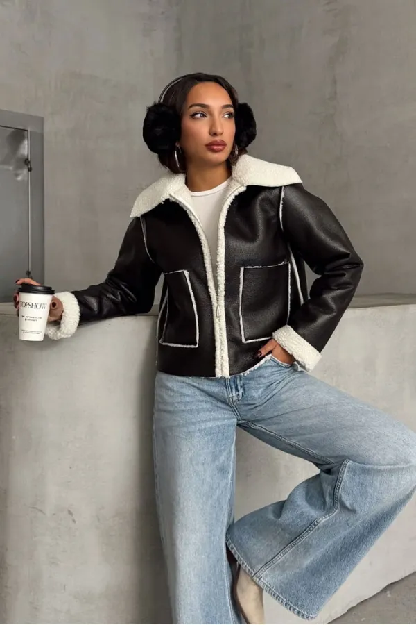Manteau zippé en cuir laminé - Noir crème | TOPSHOW | F1511
