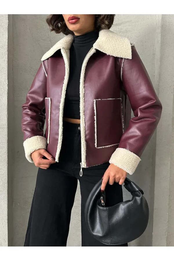 Zippered Wholesale Leather Jacket - Claret Red Cream | TOPSHOW | F1511