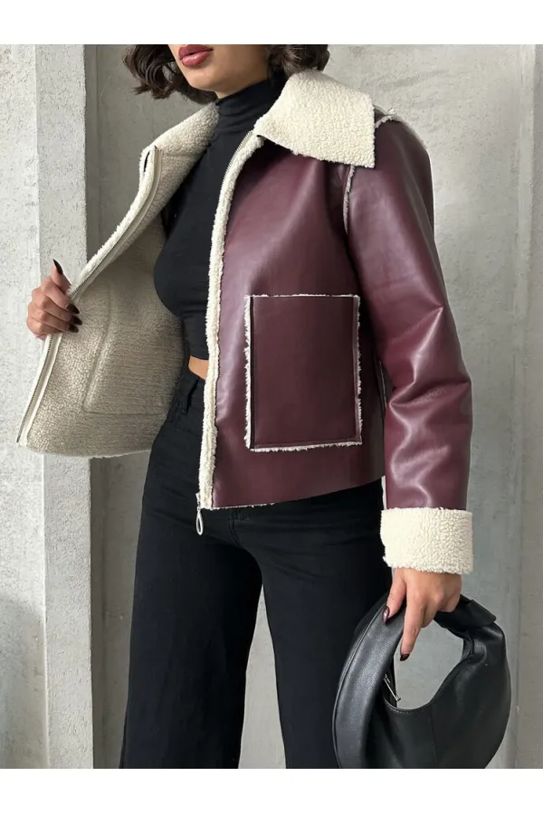 Zippered Wholesale Leather Jacket - Claret Red Cream | TOPSHOW | F1511