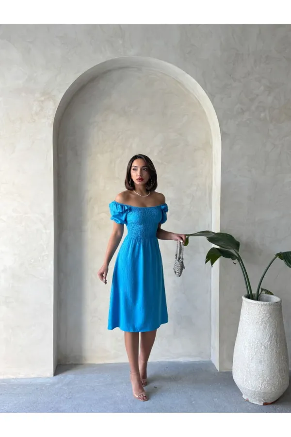 Gipeli Boat Neck Linen Dress - Dark Blue | Topshow