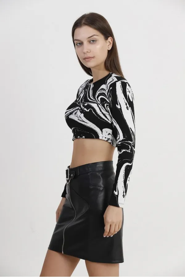 Crop Jacquard Wholesale Blouse - Black Marbling | TOPSHOW | F1271