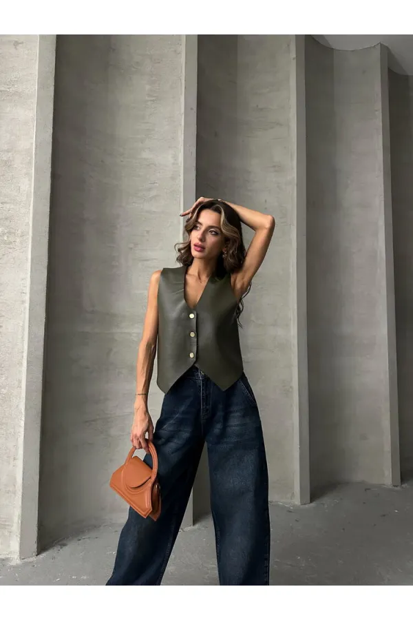 Gilet boutonné en cuir - Kaki | TOPSHOW | F1515