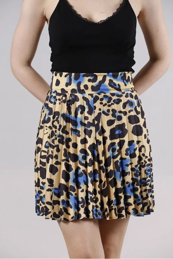 Pleated Satin Above Knee Wholesale Skirt - Leopard Saxe | TOPSHOW | F1189