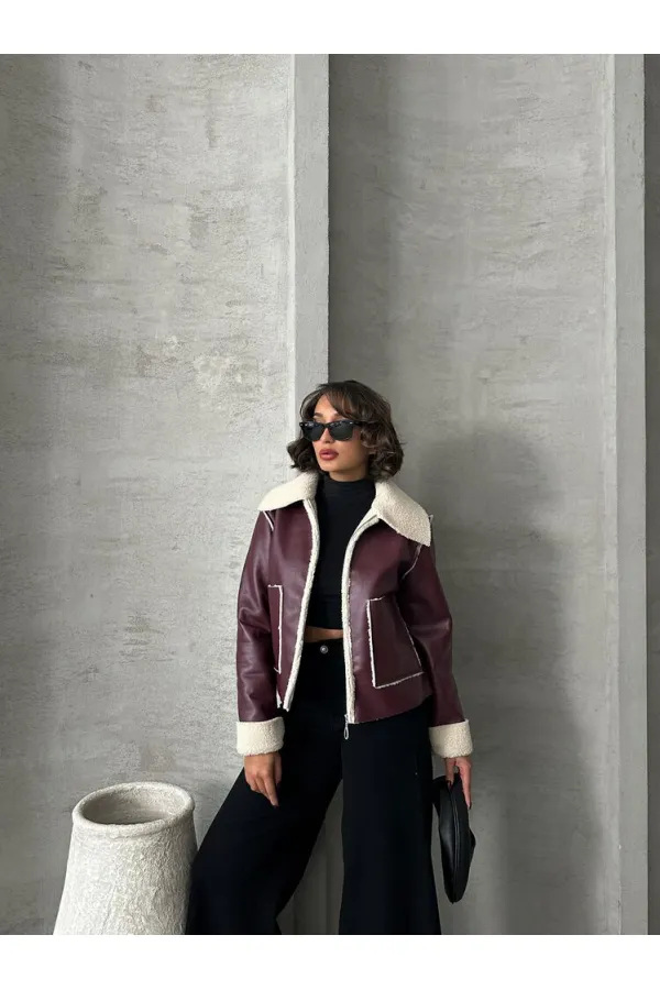 Zippered Wholesale Leather Jacket - Claret Red Cream | TOPSHOW | F1511