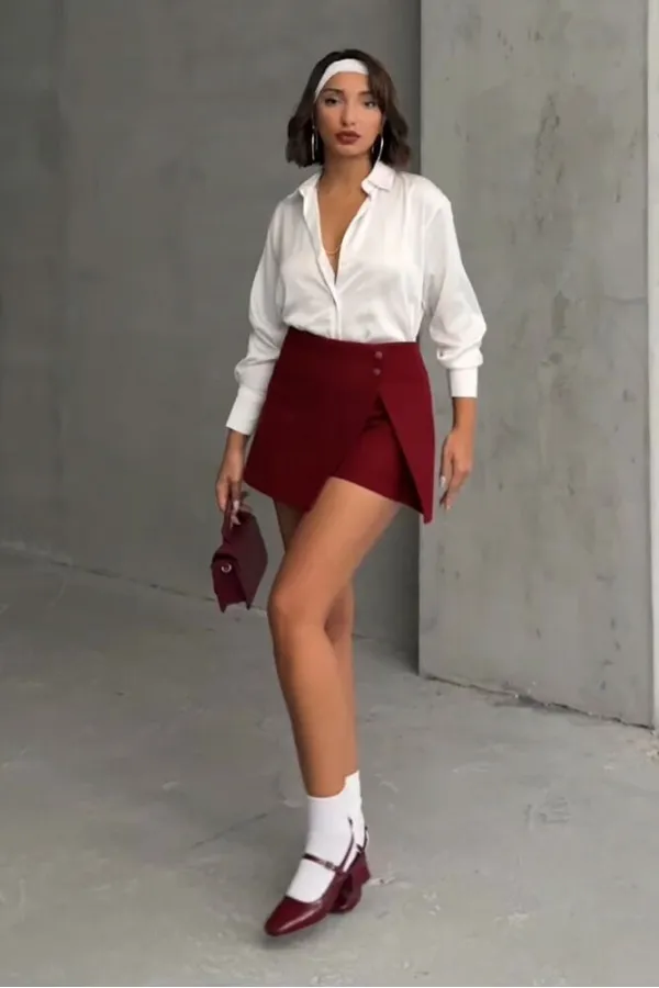 Taş Detaylı Toptan Etek - Bordo | TOPSHOW | F1386