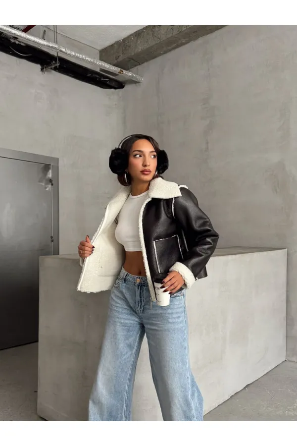 Manteau zippé en cuir laminé - Noir crème | TOPSHOW | F1511