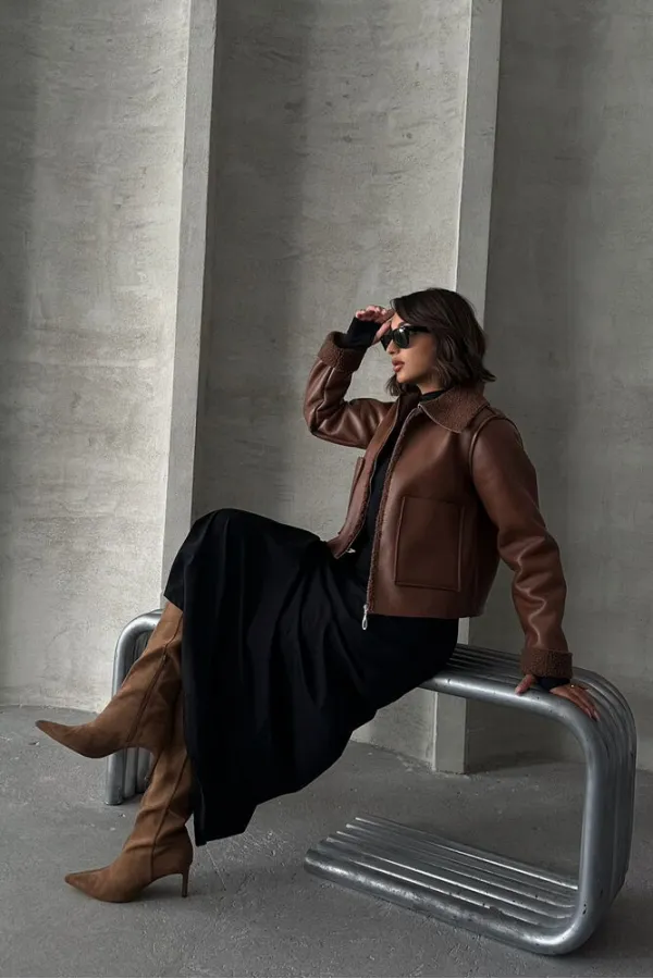 Manteau zippé en cuir laminé - Tan | TOPSHOW | F1511