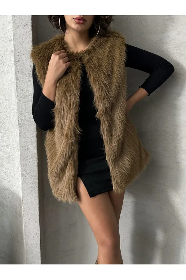 Gilet en plumes marron en gros | TOPSHOW | F1567