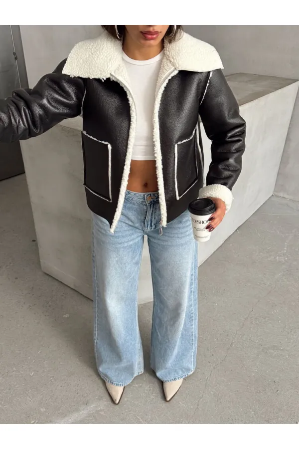 Manteau zippé en cuir laminé - Noir crème | TOPSHOW | F1511