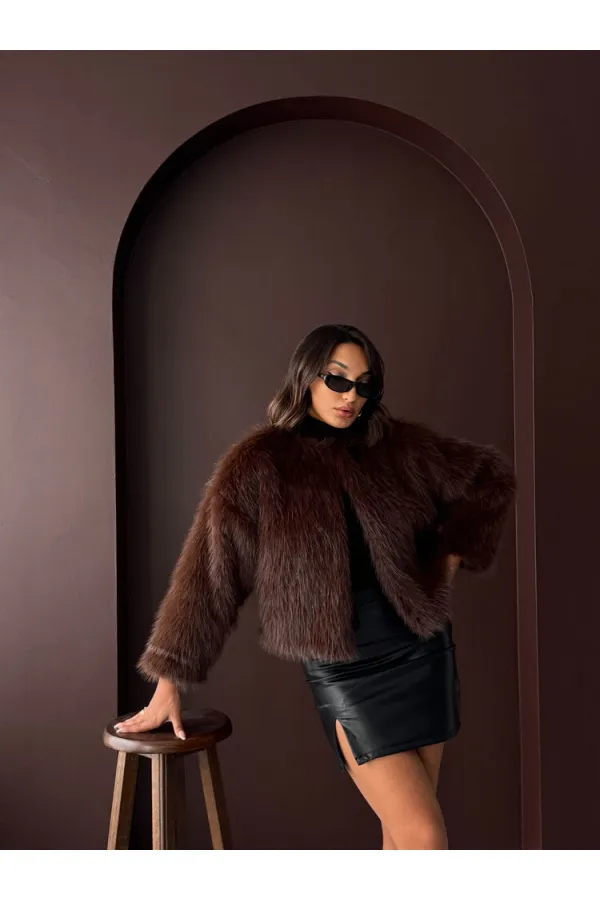 Fur Detailed Dark Brown Short Jacket