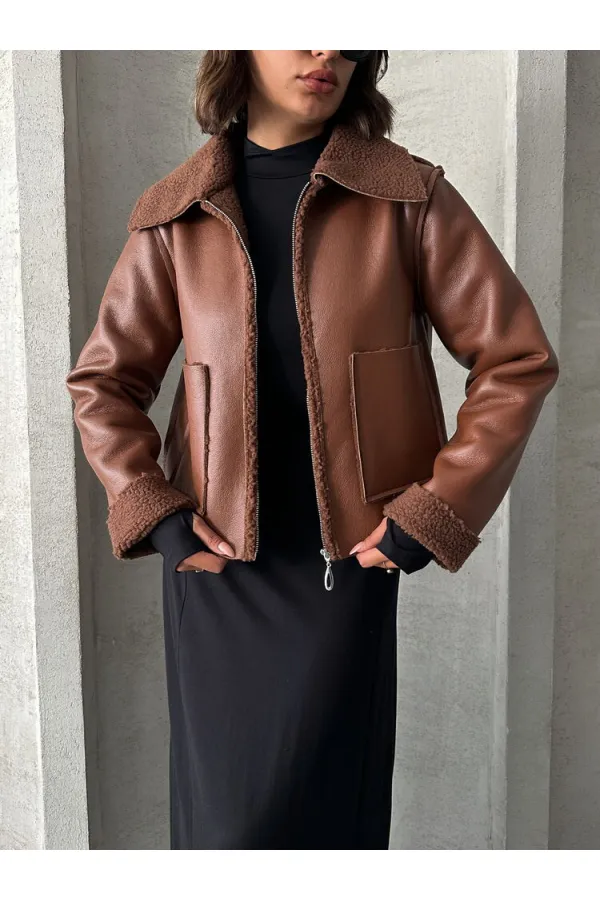 Manteau zippé en cuir laminé - Tan | TOPSHOW | F1511