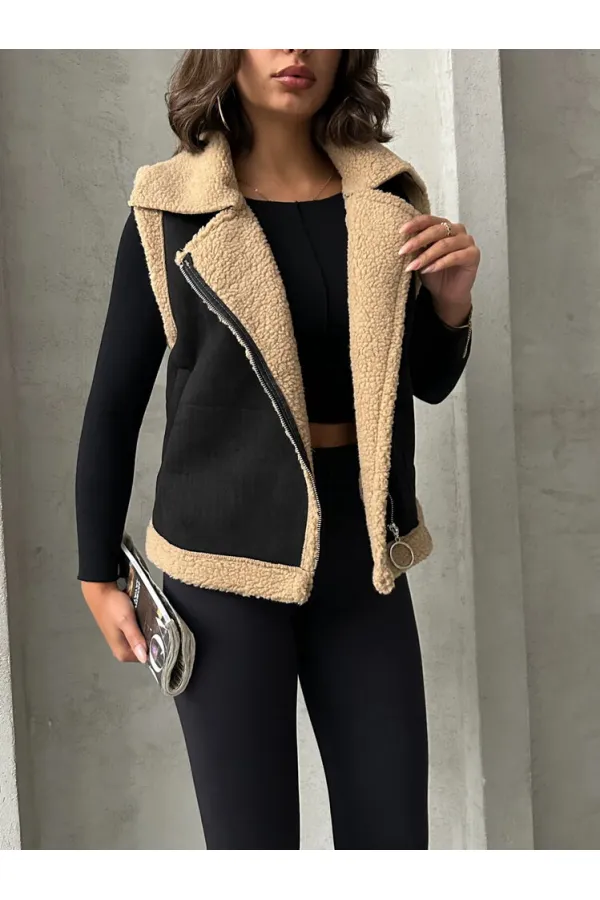 Gilet en fourrure avec col en daim - Noir et beige | TOPSHOW | F1532