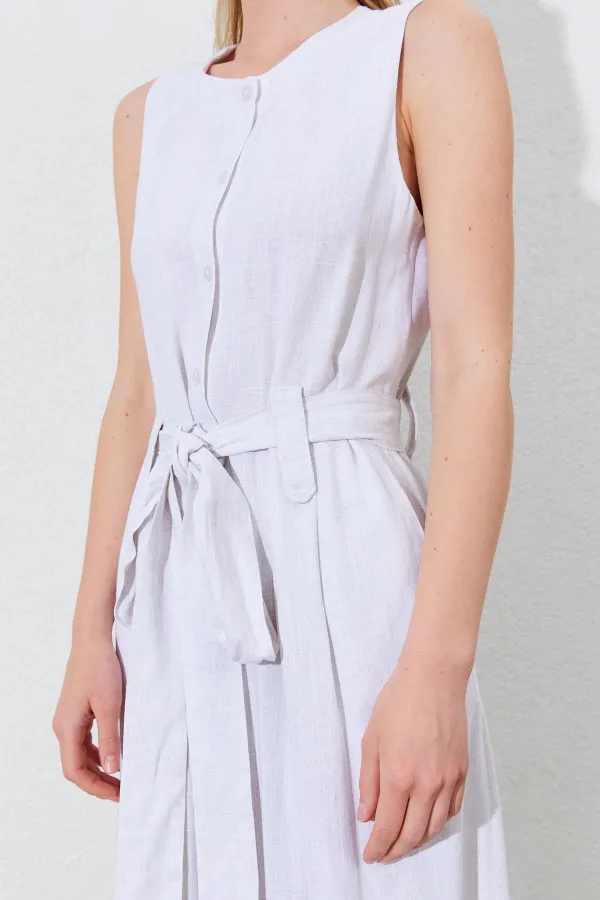 Women's Natural Sleeveless Belted Double Leg Jumpsuit