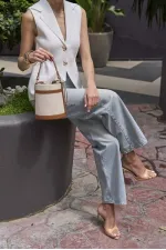 Canvas-Tan Bucket Hand and Shoulder Bag with Contrast Stitching Canvas-Tan Bucket Hand and Shoulder Bag with Contrast Stitching