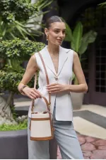 Canvas-Tan Bucket Hand and Shoulder Bag with Contrast Stitching Canvas-Tan Bucket Hand and Shoulder Bag with Contrast Stitching