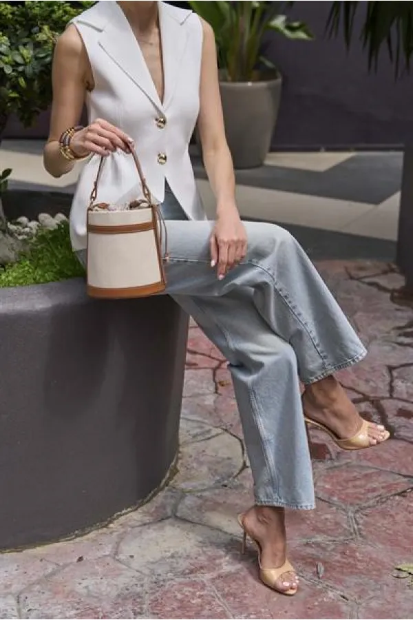 Canvas-Tan Bucket Hand and Shoulder Bag with Contrast Stitching Canvas-Tan Bucket Hand and Shoulder Bag with Contrast Stitching