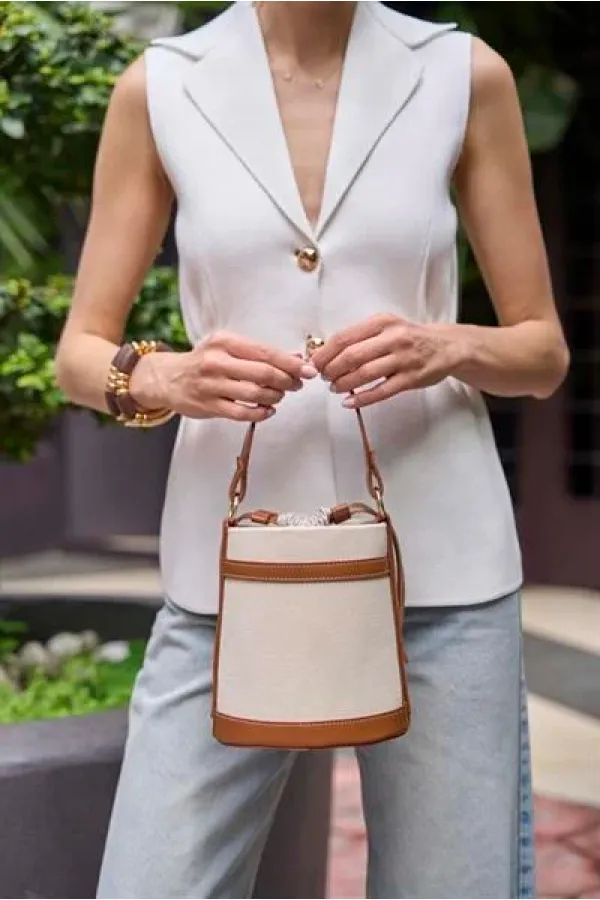 Canvas-Tan Bucket Hand and Shoulder Bag with Contrast Stitching Canvas-Tan Bucket Hand and Shoulder Bag with Contrast Stitching